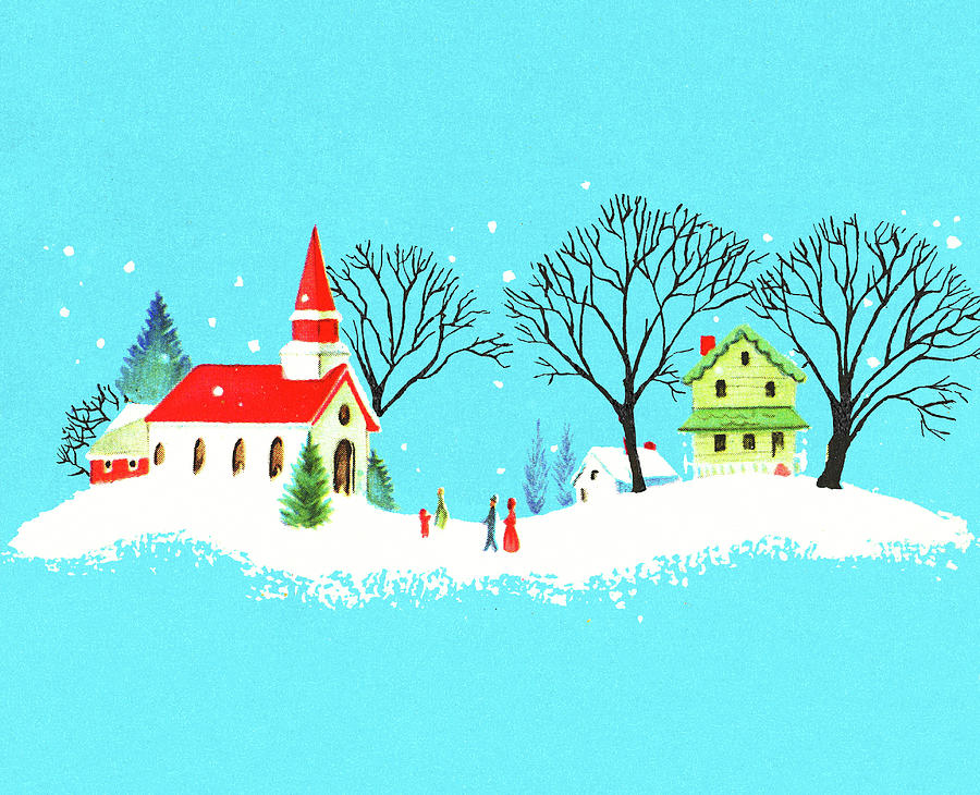 Christmas Drawing - Snowy Village Church Scene by CSA Images