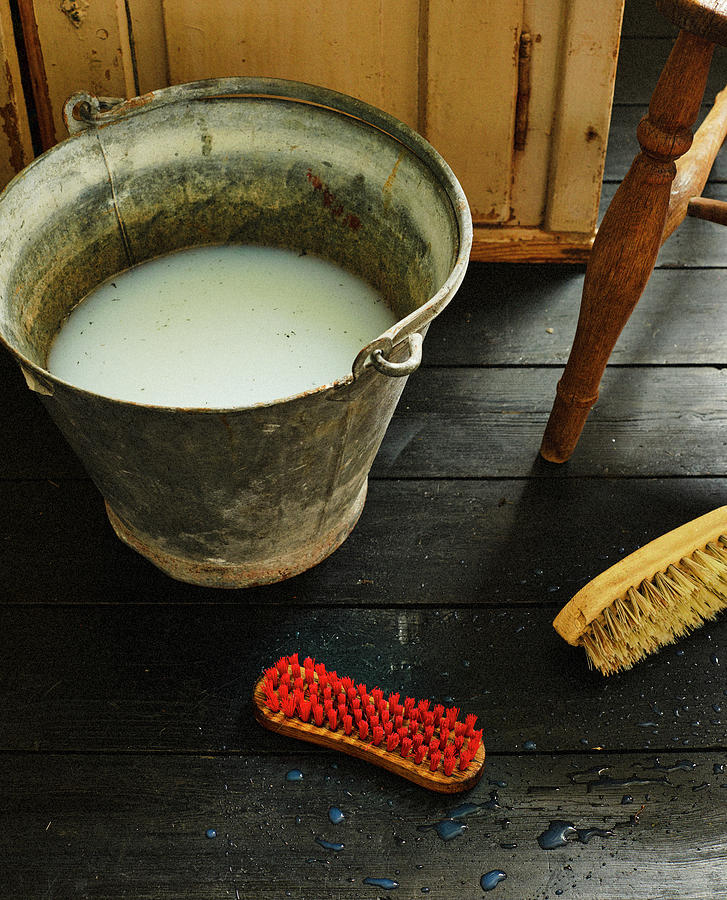 Soapy Water In Vintage Bucket And Scrubbing Brushes Photograph by Catherine Gratwicke