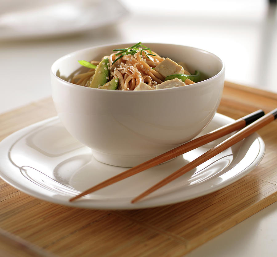 Still Life Digital Art - Soba Noodles And Tofu In White Bowl by Gene Koehler