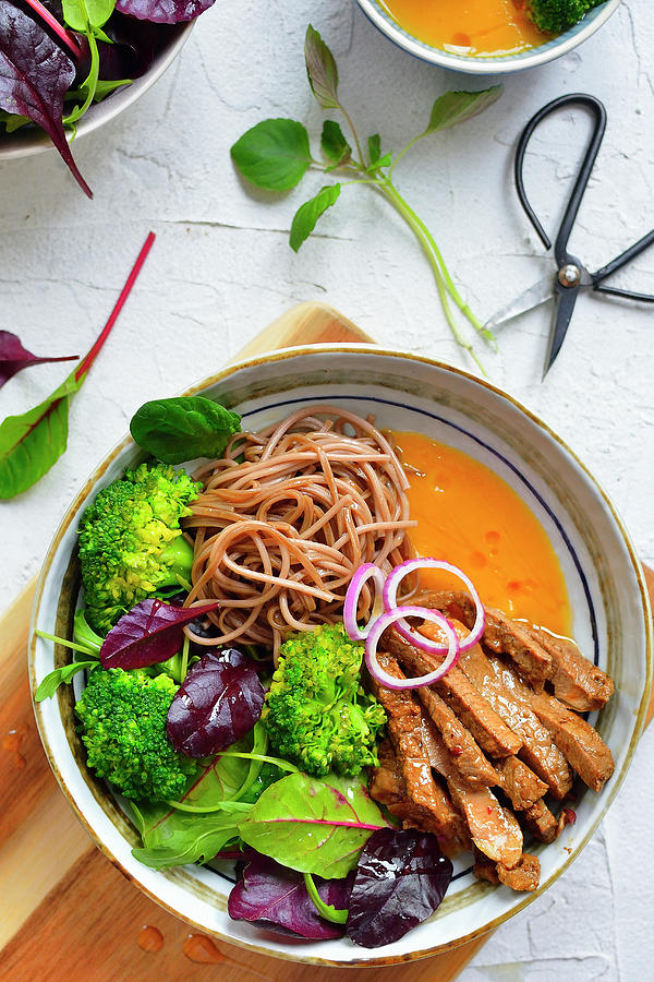 Soba Noodles With Beef Broccoli And Sauce asia Photograph by Karolina Smyk