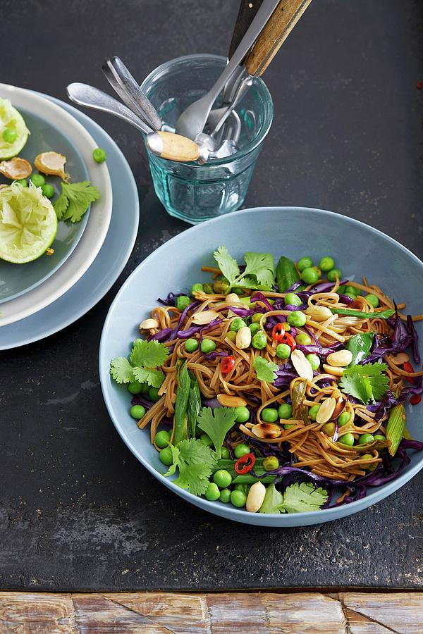 Soba Noodles With Red Cabbage, Edamame And Peanuts Photograph by Misha Vetter