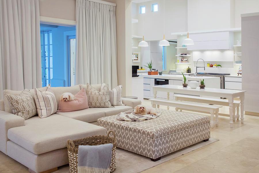 Sofa, Dining Table And Kitchen In White Open-plan Living Room Photograph by Great Stock!