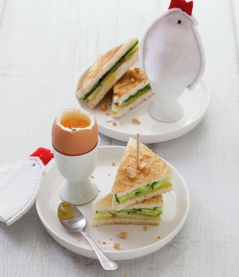 Soft-boiled Egg , Potato, Cucumber And Crushed Peanut Club Sandwiches Photograph by Garnier