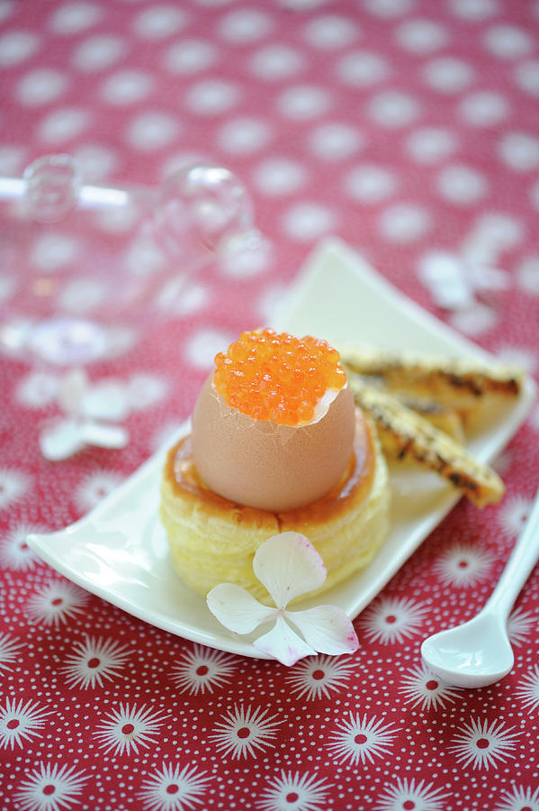 Soft-boiled Egg With Salmon Roe Placed On A Bouche  La Reine Photograph by Schmitt