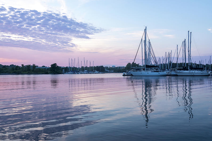 Soft Lavender and Pink Ripples - Yachts and Clouds Reflections Photograph by Georgia Mizuleva