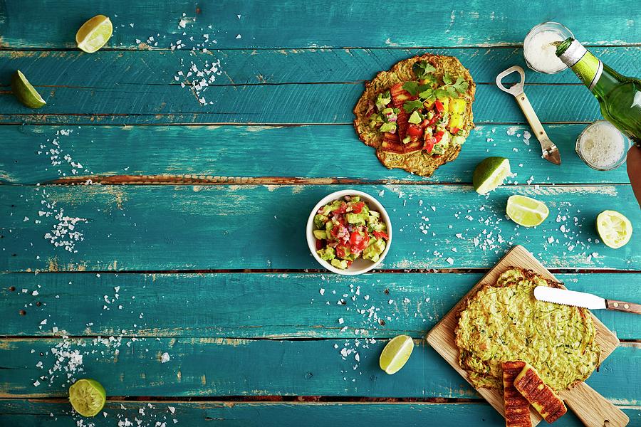 Soft Shell Tacos With Courgette, Halloumi, Mango Salsa And Smoked Pepper Guacamole mexico Photograph by Great Stock!