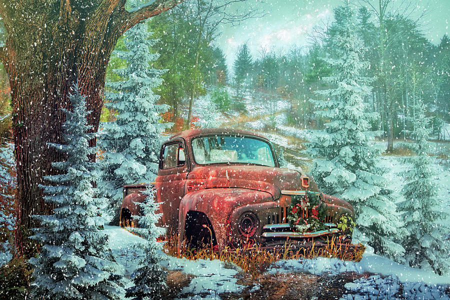 Softly Snowing Christmas Eve on a Country Road Photograph by Debra and