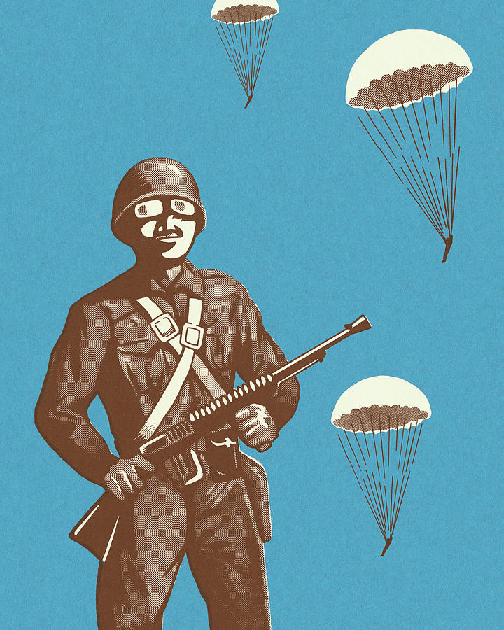 Vintage Drawing - Soldier and Paratroopers by CSA Images