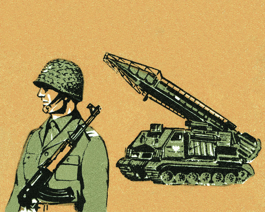 Vintage Drawing - Soldier and tank by CSA Images