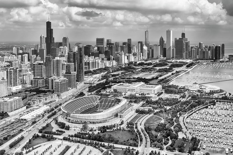 Soldier Field and Chicago Skyline Black and White Photograph by Adam Romanowicz