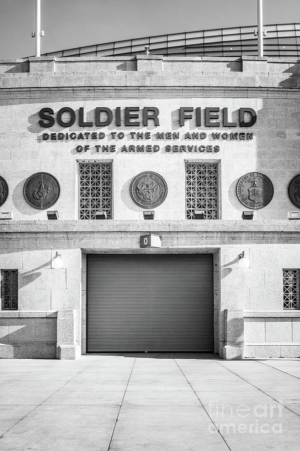 Soldier Field Sign Chicago Bears Black and White Photo Photograph by Paul Velgos