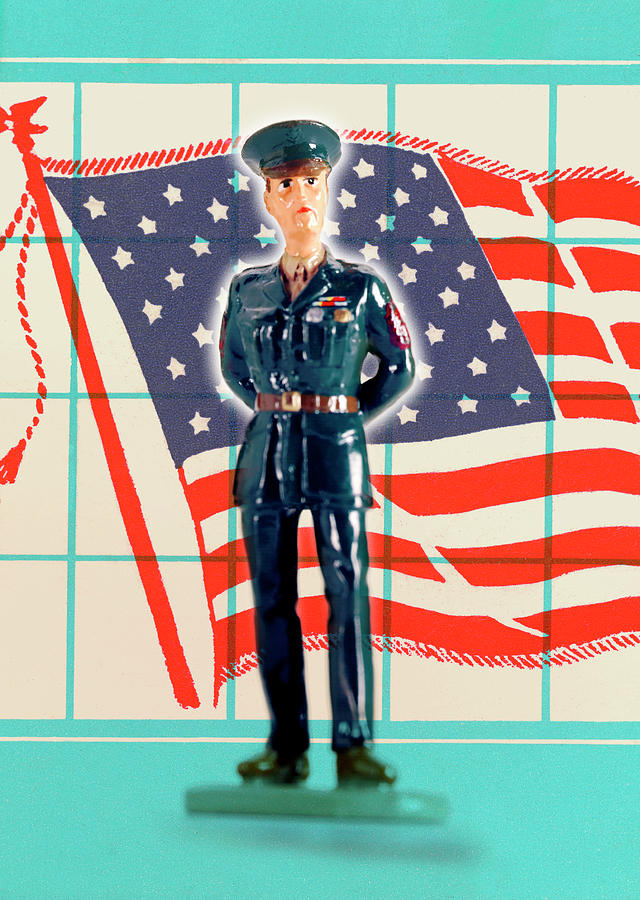 Vintage Drawing - Soldier in Front Of U.S. Flag by CSA Images