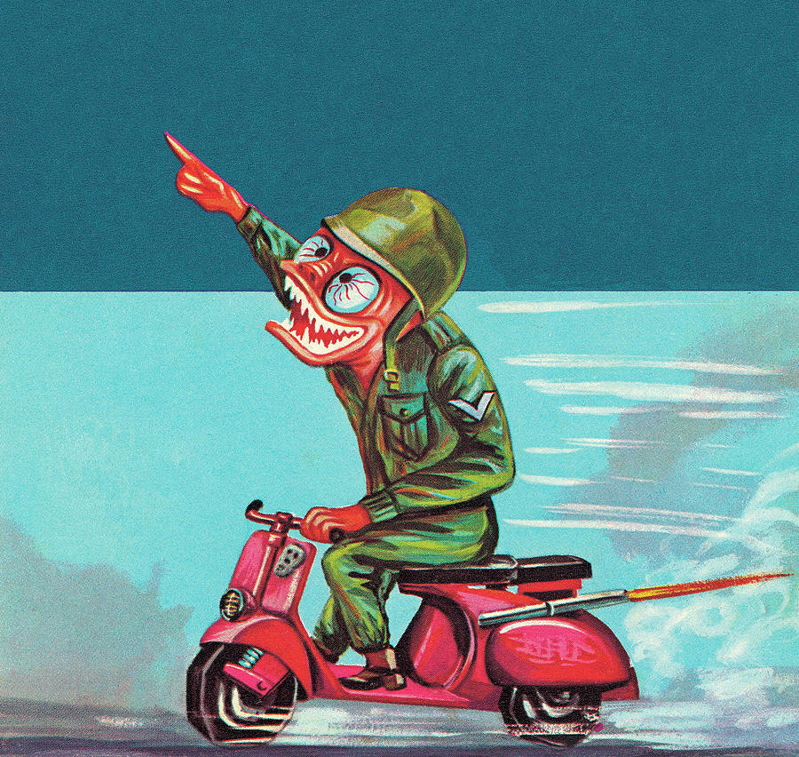Transportation Drawing - Soldier on a scooter by CSA Images