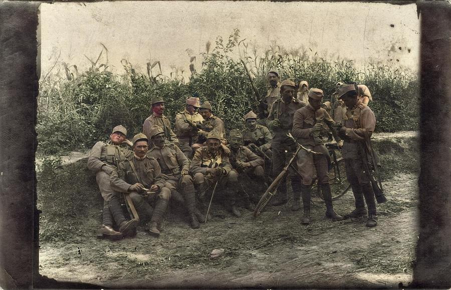 Soldiers and children Austro-Hungarian soldiers from Div. Telf. Abt. No. 205 rest on a road. Behind  Painting by Celestial Images