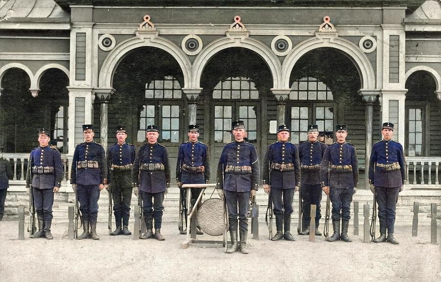 Soldiers from Skaraborgs Regemente by Gustaf Simon Ander 1910 colorized by Ahmet Asar Painting by Celestial Images