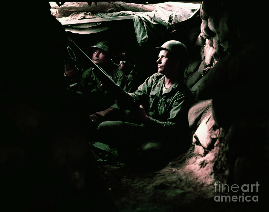 Soldiers Sitting Inside Foxhole Photograph By Bettmann