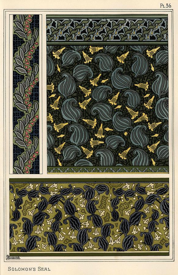 Solomons seal, Polygonatum multiflorum, as design motif in wallpaper, borders and fabric. Drawing by Album