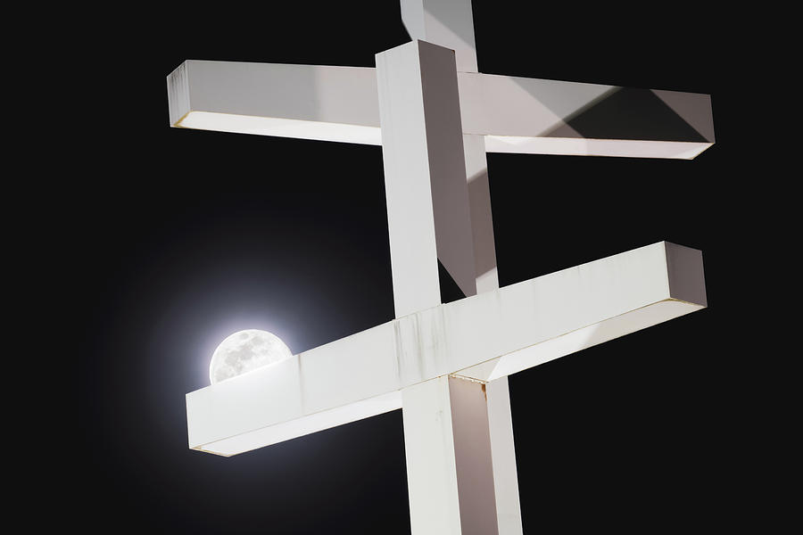 Architecture Photograph - Son and Moon - Supermoon at Cross Church by Gregory Ballos