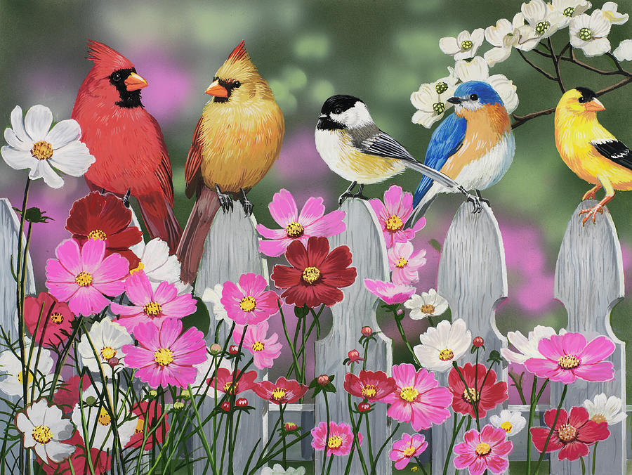 Bird Painting - Song Birds And Cosmos by William Vanderdasson