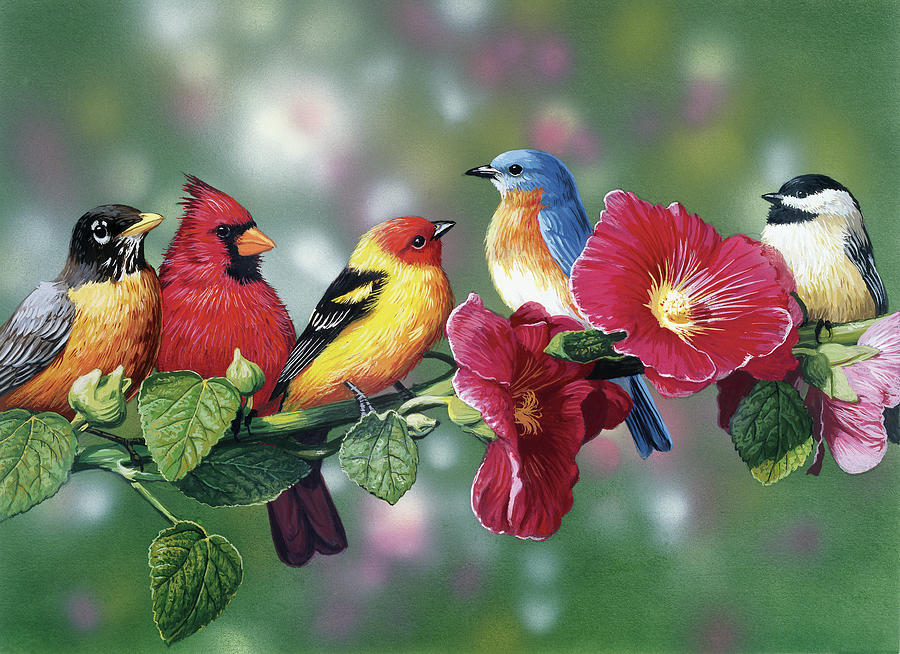 Bird Painting - Songbirds On Hollyhock by William Vanderdasson