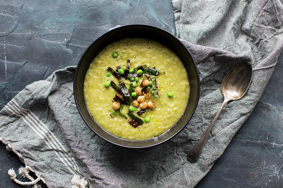 Soup Made With Vegtable Stock, Garlic, Leak, Potato, Chickpea And Peas Photograph by Lara Jane Thorpe