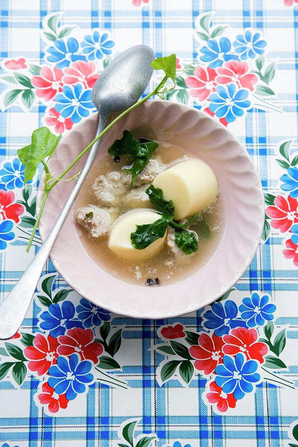 Soup Tahu Gap Tam Lng soup With Tofu, Minced Meat And Spinach, Thailand Photograph by Michael Wissing