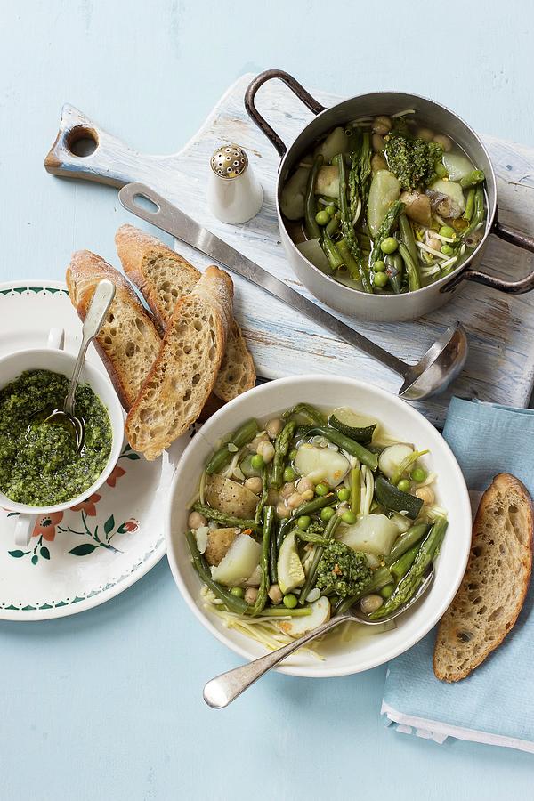 Soup With Green Beans, Asparagus, Peas, Courgette, Potatoes And Basil Pesto Photograph by Zuzanna Ploch