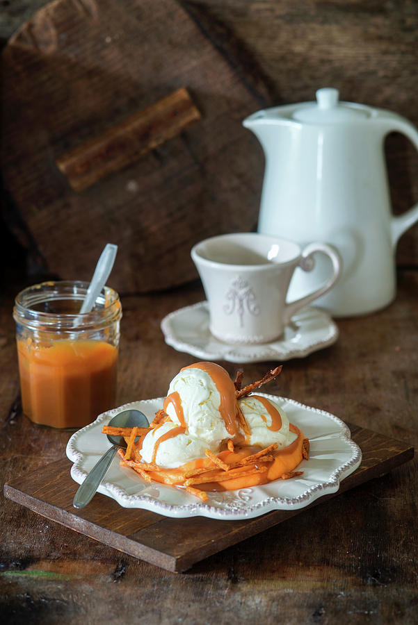 Sour Cream Ice Cream With Sweet Potatoes And Salted Caramel Sauce Photograph by Irina Meliukh