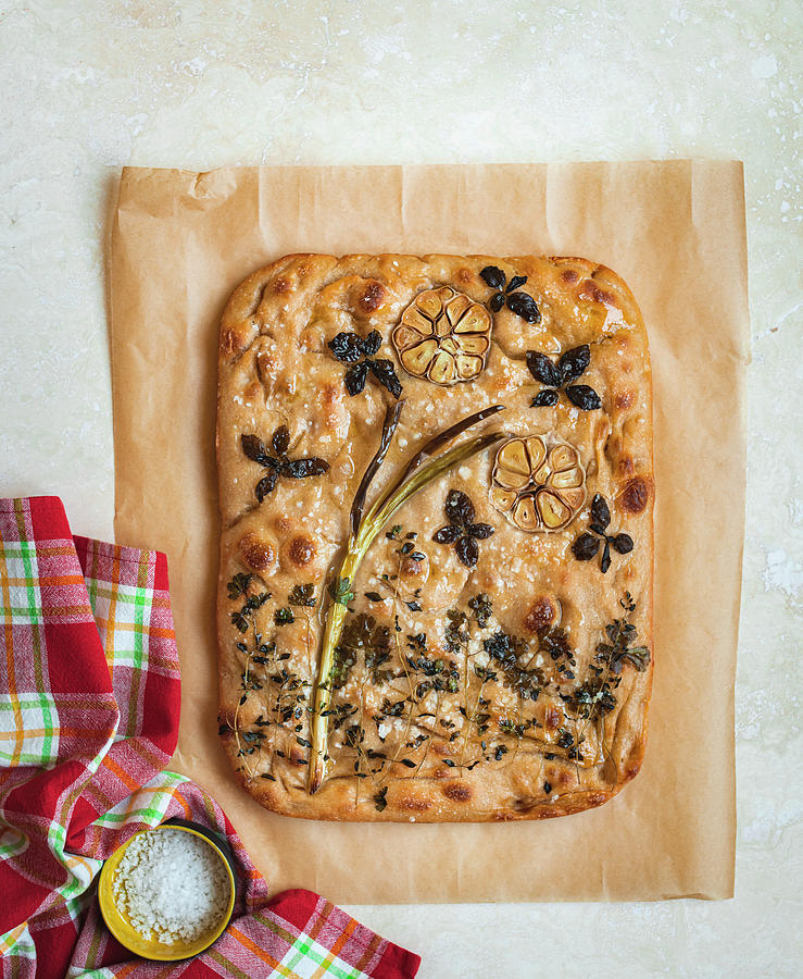 Sourdough Focaccia With A Flower Picture Made Of Herbs, Spring Onions ...