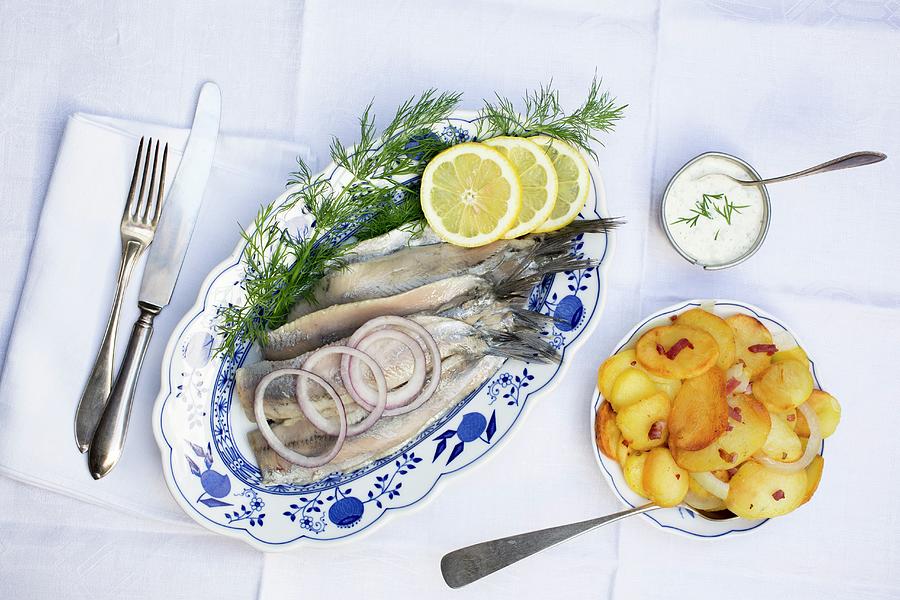 Soused Herring Fillets With Fried Potatoes And Remoulade Photograph by Claudia Timmann