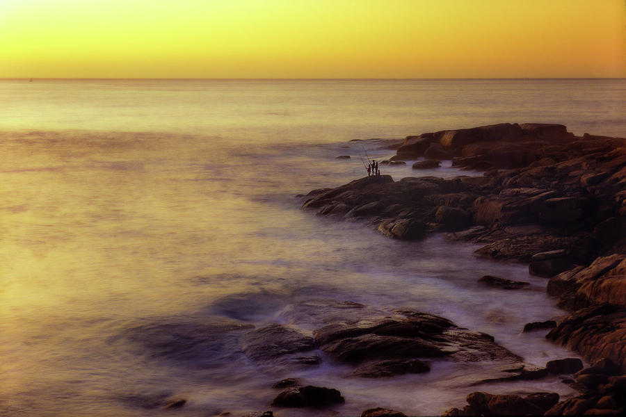 South African Sunrise - fishing family at rocky beach of Capetown South Africa Photograph by Peter Herman