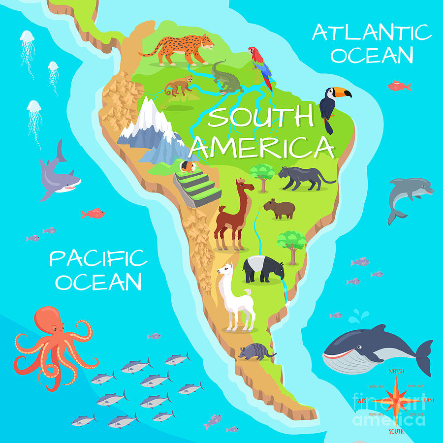 South America Mainland Cartoon Map Digital Art by Robuart - Fine Art America