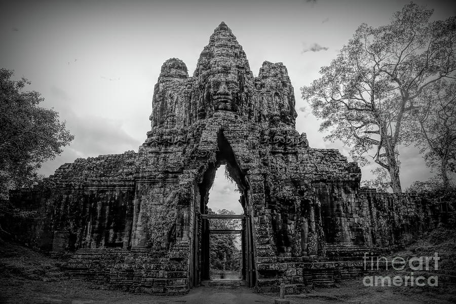 South Gate Rear Black White Ancient Cambodia Faces  Photograph by Chuck Kuhn