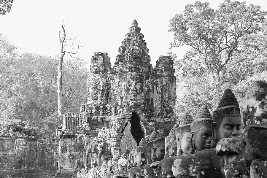 South Gate to  Angkor Tom, Siem Reap, Cambodia in black and white Photograph by Karen Foley