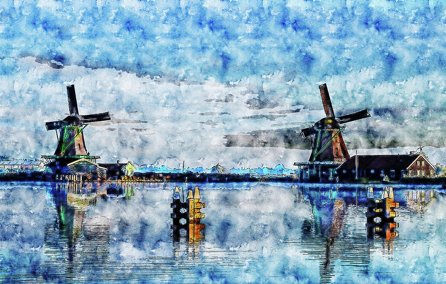 Sparrow Drawing - South Holland Windmills Watercolor Drawing by Hasan Ahmed