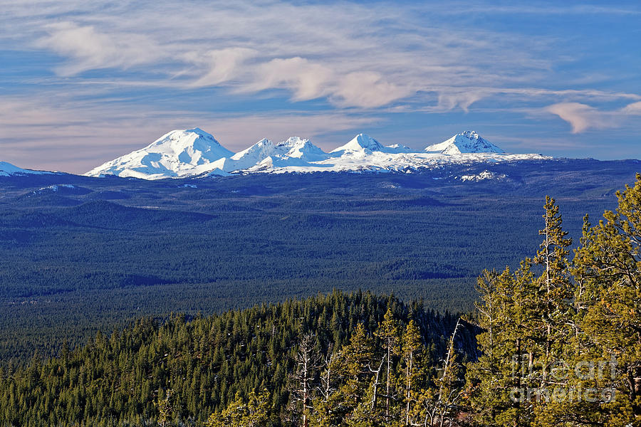 South Middle North Sisters and Broken Top Mts in distant snowy Cascade Mountains Oregon USA Photograph by Robert C Paulson Jr