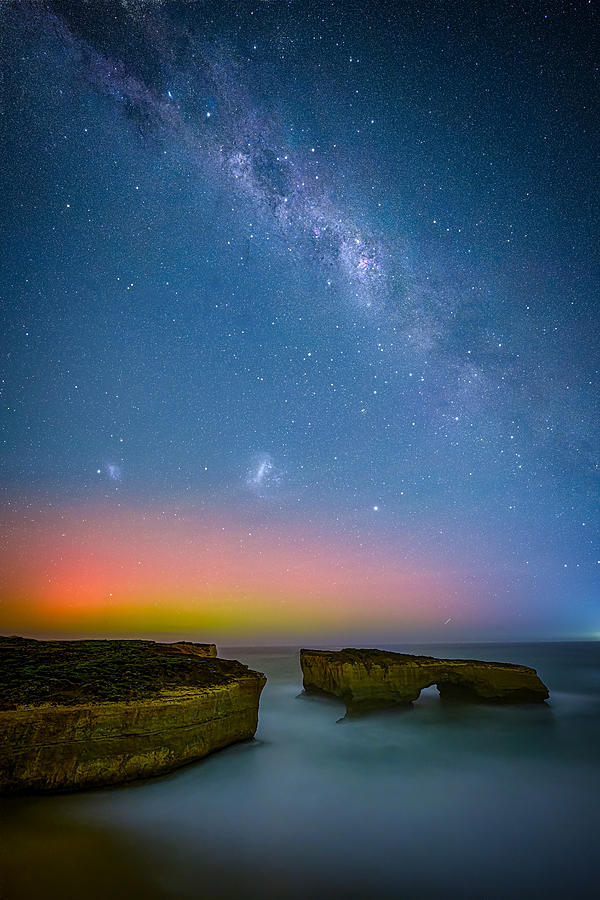 Night Photograph - Southern Aurora Lights And Milkyway At London Bridge Great Ocean Road by James Zhen Yu