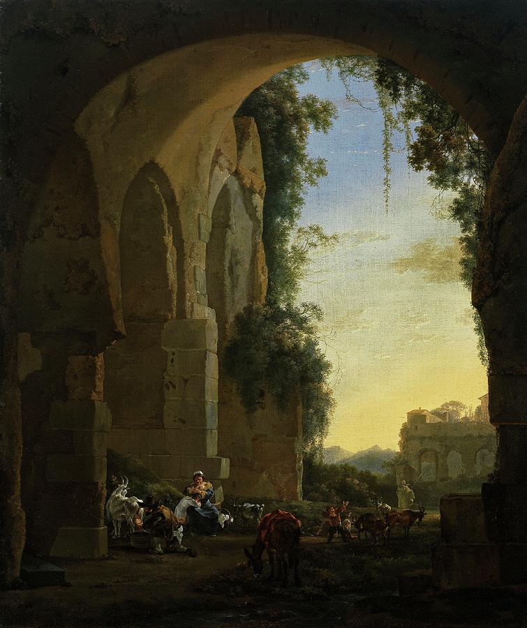 Southern Landscape with Peasants beneath a Ruined Arch at Dusk, ca. 1647, Dutch... Painting by Jan Asselijn -c 1610-1652-
