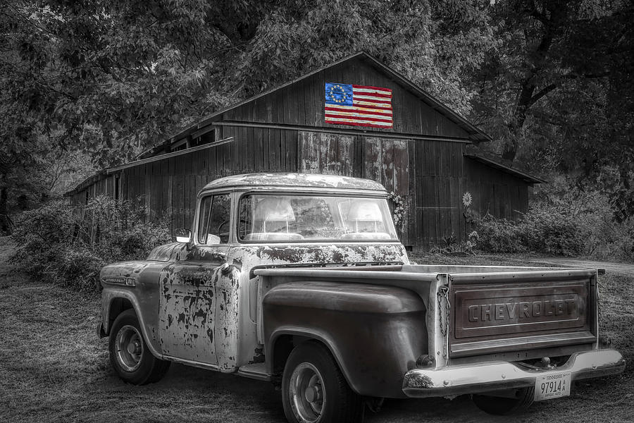 Southern Vintage Black and White with Color Selected Flag Photograph by Debra and Dave Vanderlaan