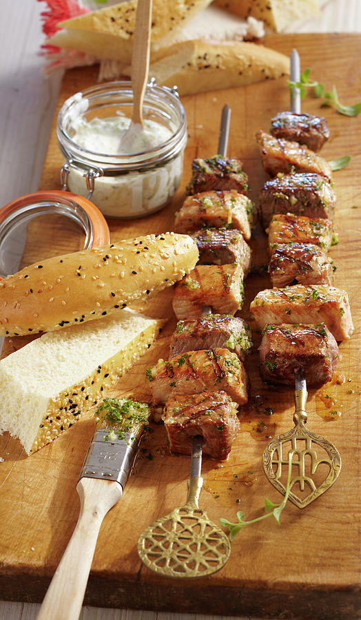 Souvlaki - Grilled Marinated Meat Skewers With Cretan Tzatziki Photograph by Teubner Foodfoto