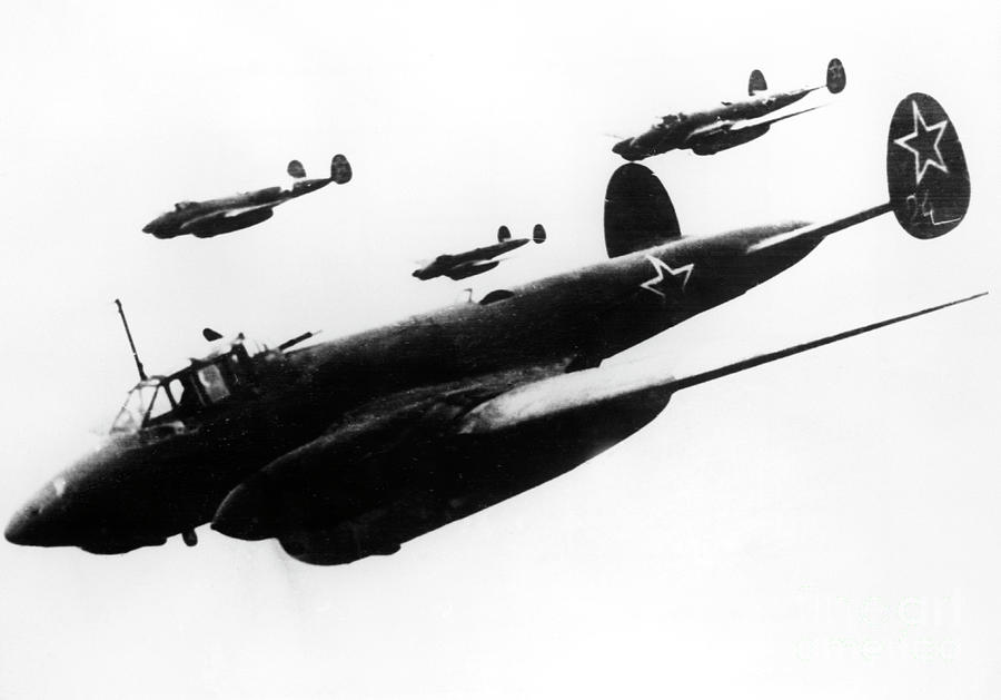 Soviet dive-bombers Petlyakov-2 attack Finnish military objective, 1939 by Russian School Soviet dive-bombers Petlyakov-2 attack Finnish military objective, 1939 by Russian School