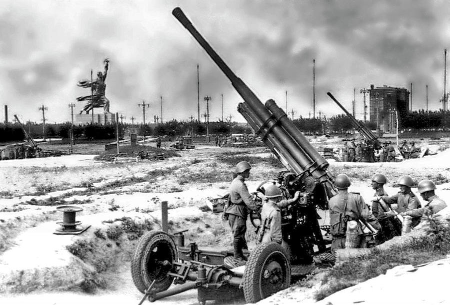 Soviet soldiers man a 85 mm air defense gun M1939 52-K in Moscow during the Battle of Moscow. In t Painting by Celestial Images