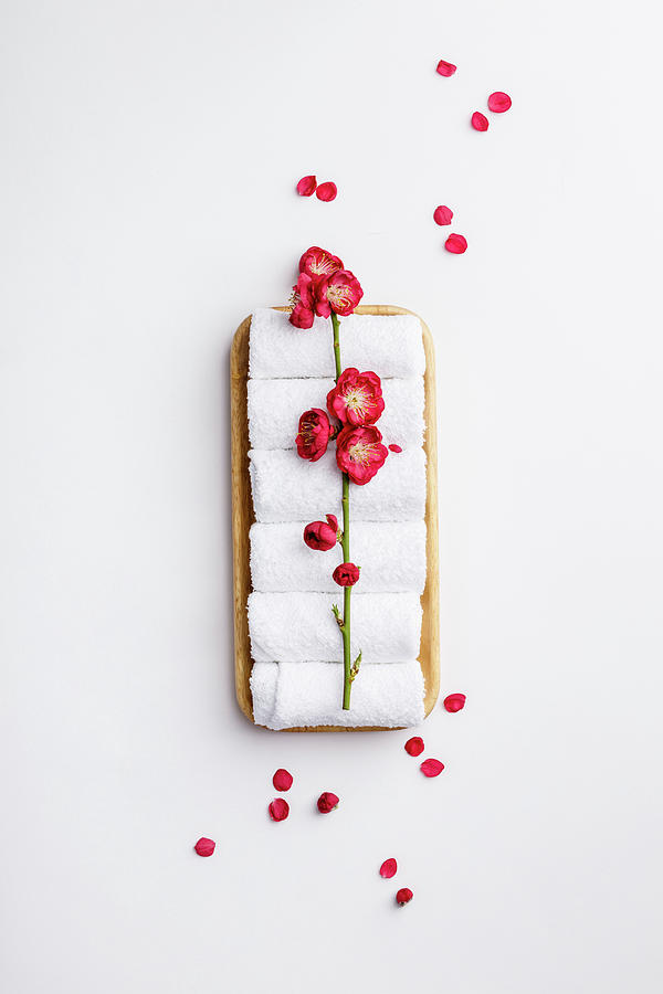 Spa Treatment Concept Flat Lay Composition With Towels And Flowers