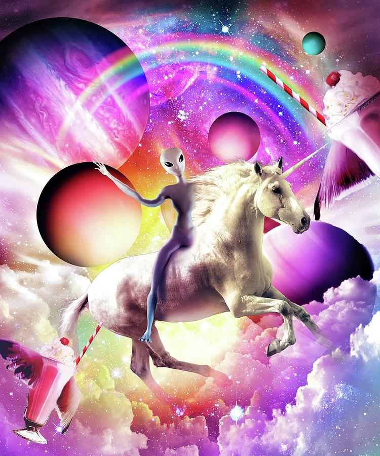 Space Alien Riding Unicorn Milkshake Rainbow Digital Art By Random Galaxy
