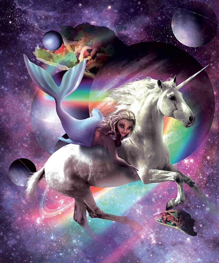 Space Mermaid Riding Unicorn Tacos And Rainbow Digital Art By Random Galaxy