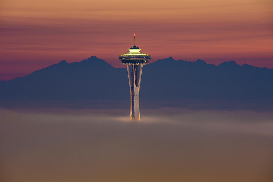 Space Needle In The Fog At Sunset Photograph by Matt McDonald