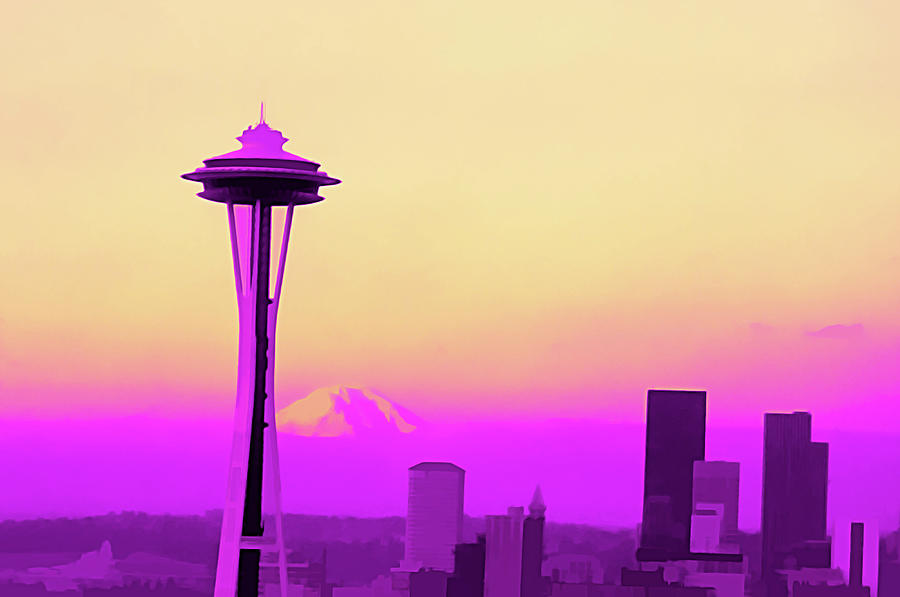Space Needle Pink and gold Digital Art by Cathy Anderson
