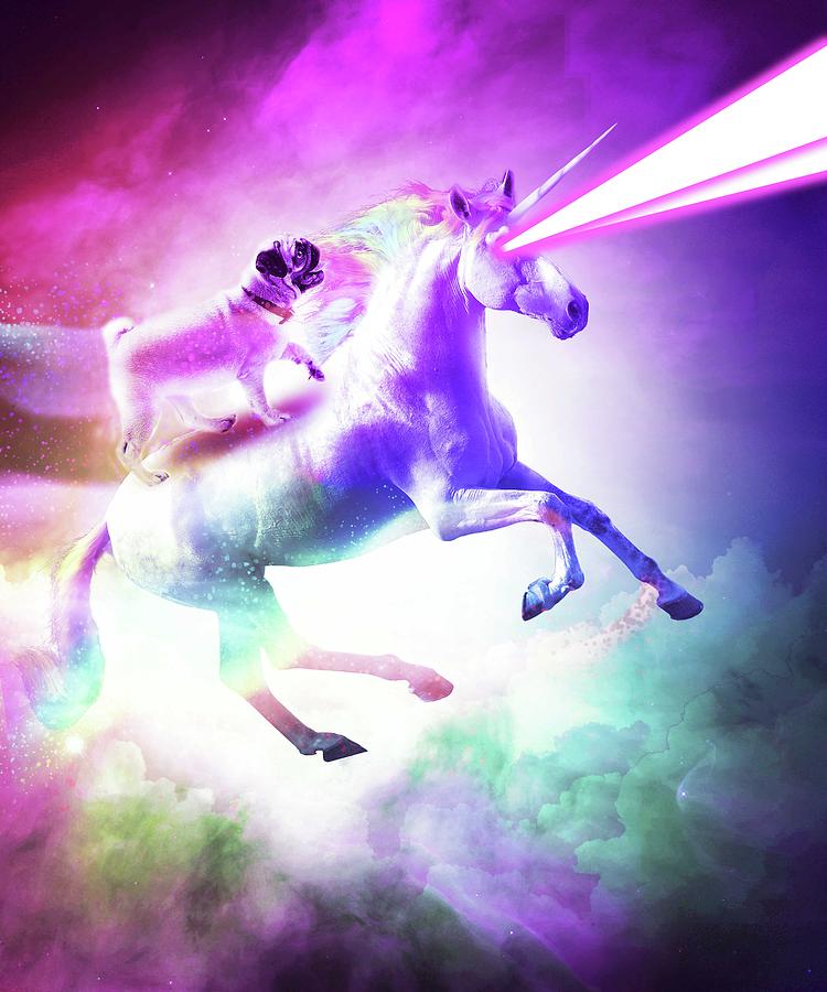 Space Pug On Flying Rainbow Unicorn With Laser Eyes Digital Art By Random Galaxy