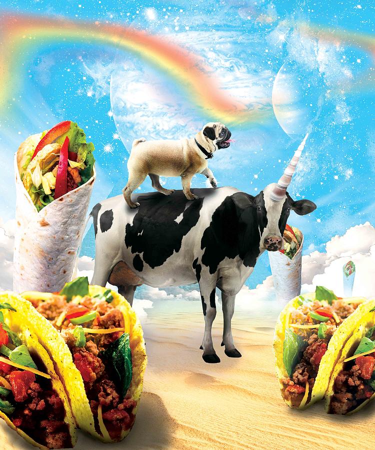 Space Pug Riding Cow Unicorn Taco Burrito Digital Art By Random