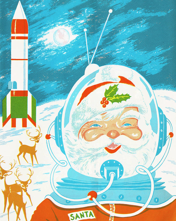 Christmas Drawing - Space Santa and Reindeer on the Moon by CSA Images